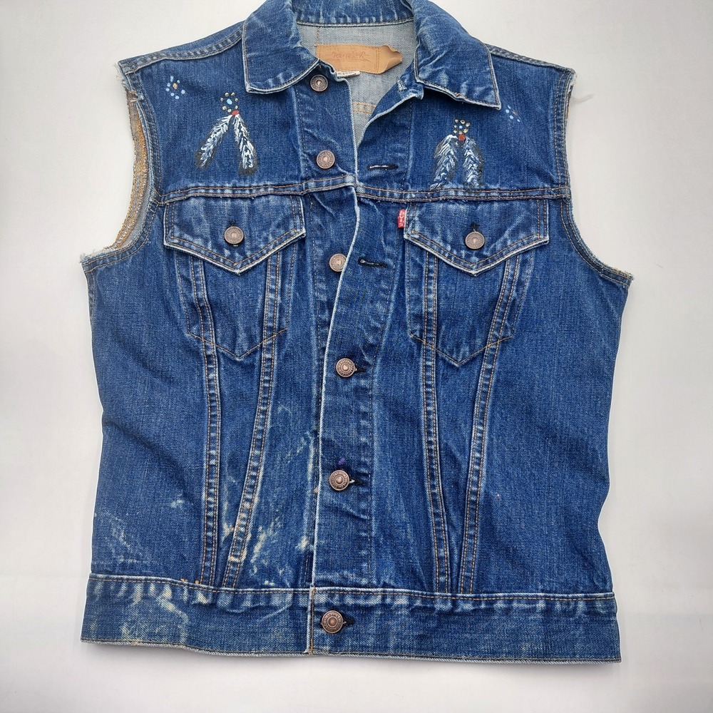 Vtg 70's 80s Levis Red Tab Denim Vest Hand Painted Dreamcatcher Jean Biker M